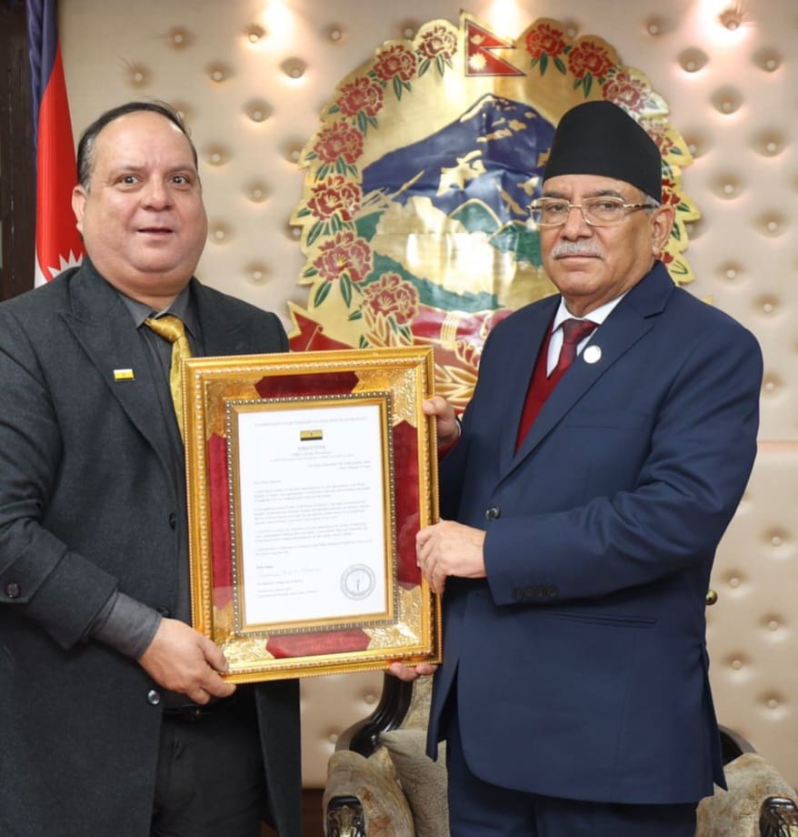 H.E.Poudel presents Prime Minister Dahal with a congratulatory letter from Independent And Sovereign State Nation of Hawai’i